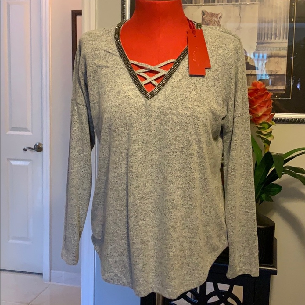 Jennifer Lopez gray marcasite stud l/s sweater top